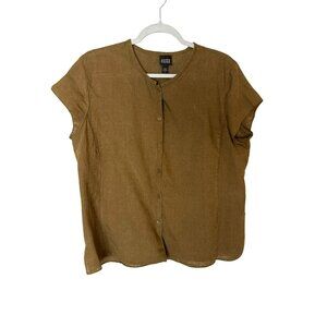 Eileen Fisher Olive Green Irish Linen Short Sleeve Button Front Top Size Large
